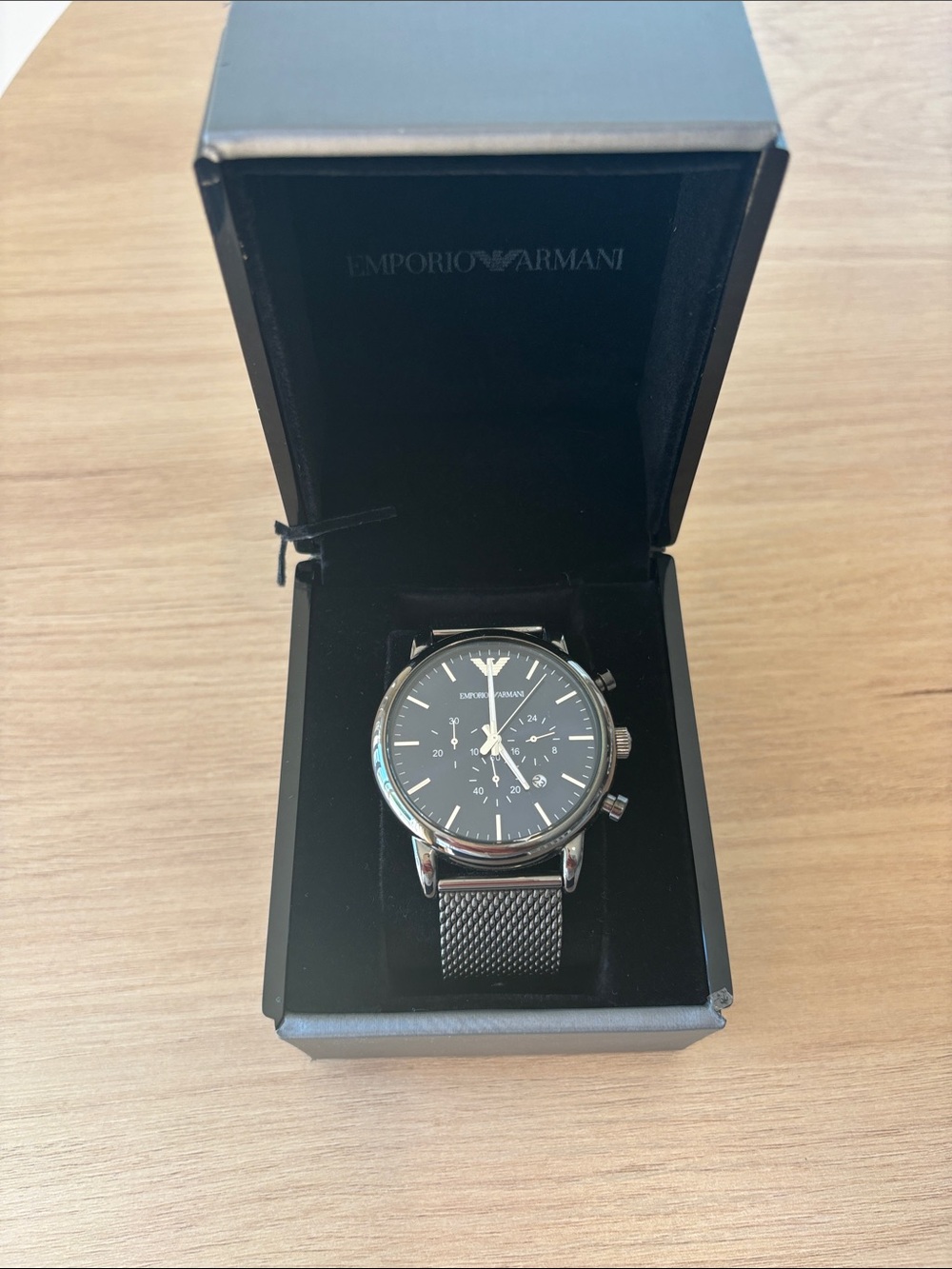 Emporio Armani Black Dial Silver-Tone Mesh Bracelet Chronograph Watch